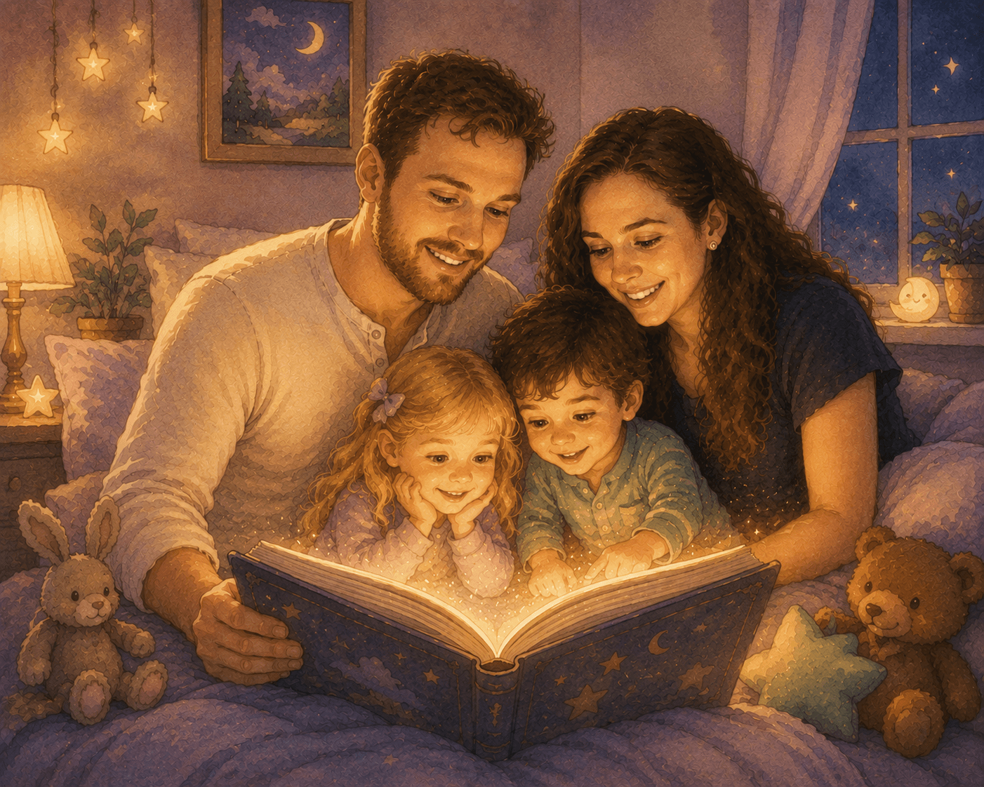 Illustrated family reading a personalized picture book