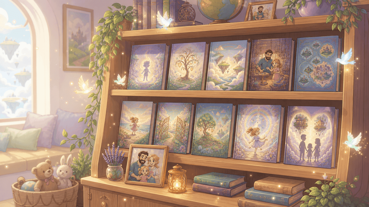A magical family bookshelf filled with personalized storybooks