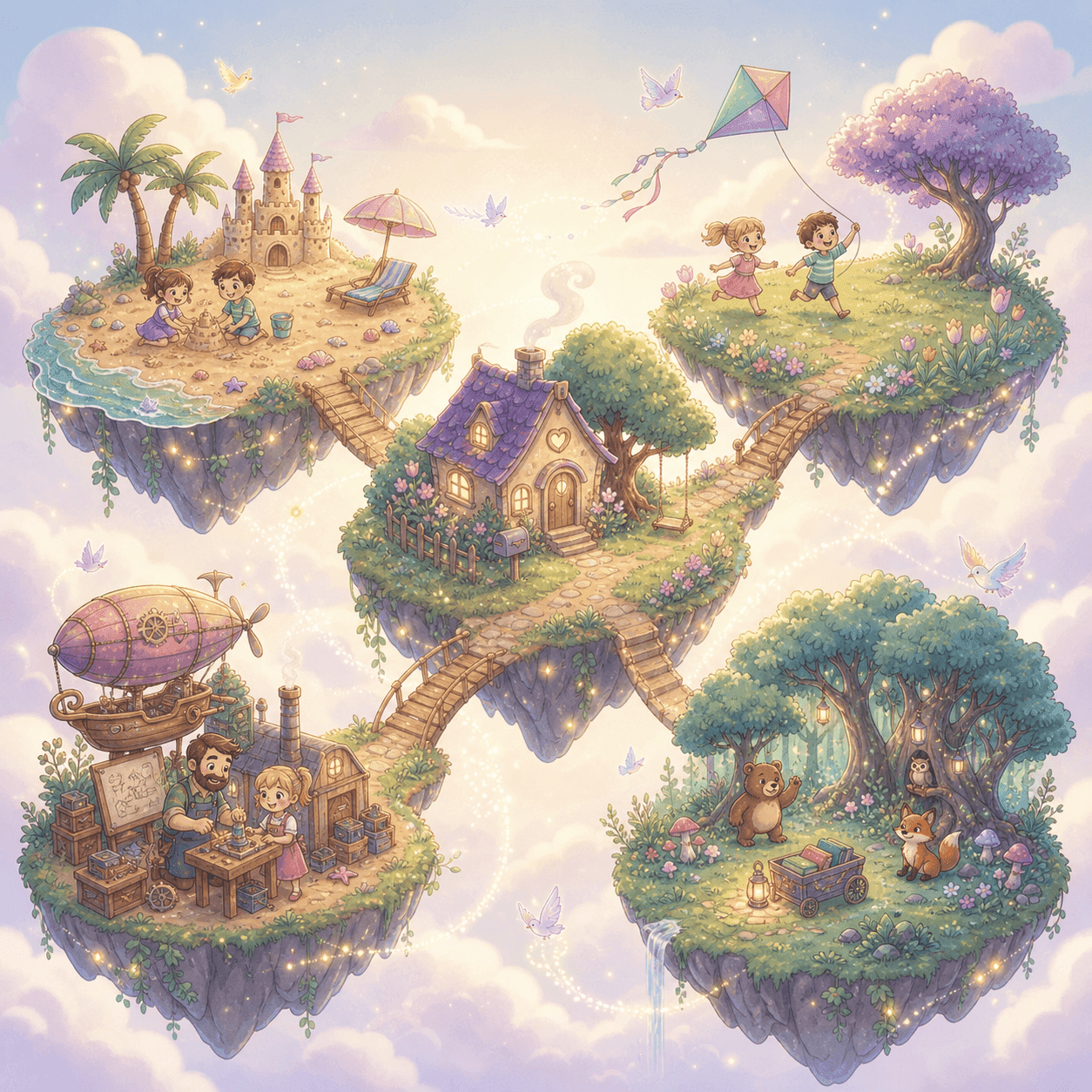 Five connected floating story islands