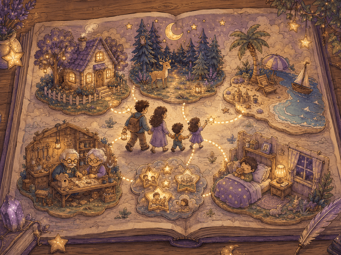 A magical family universe map unfolding from an open picture book
