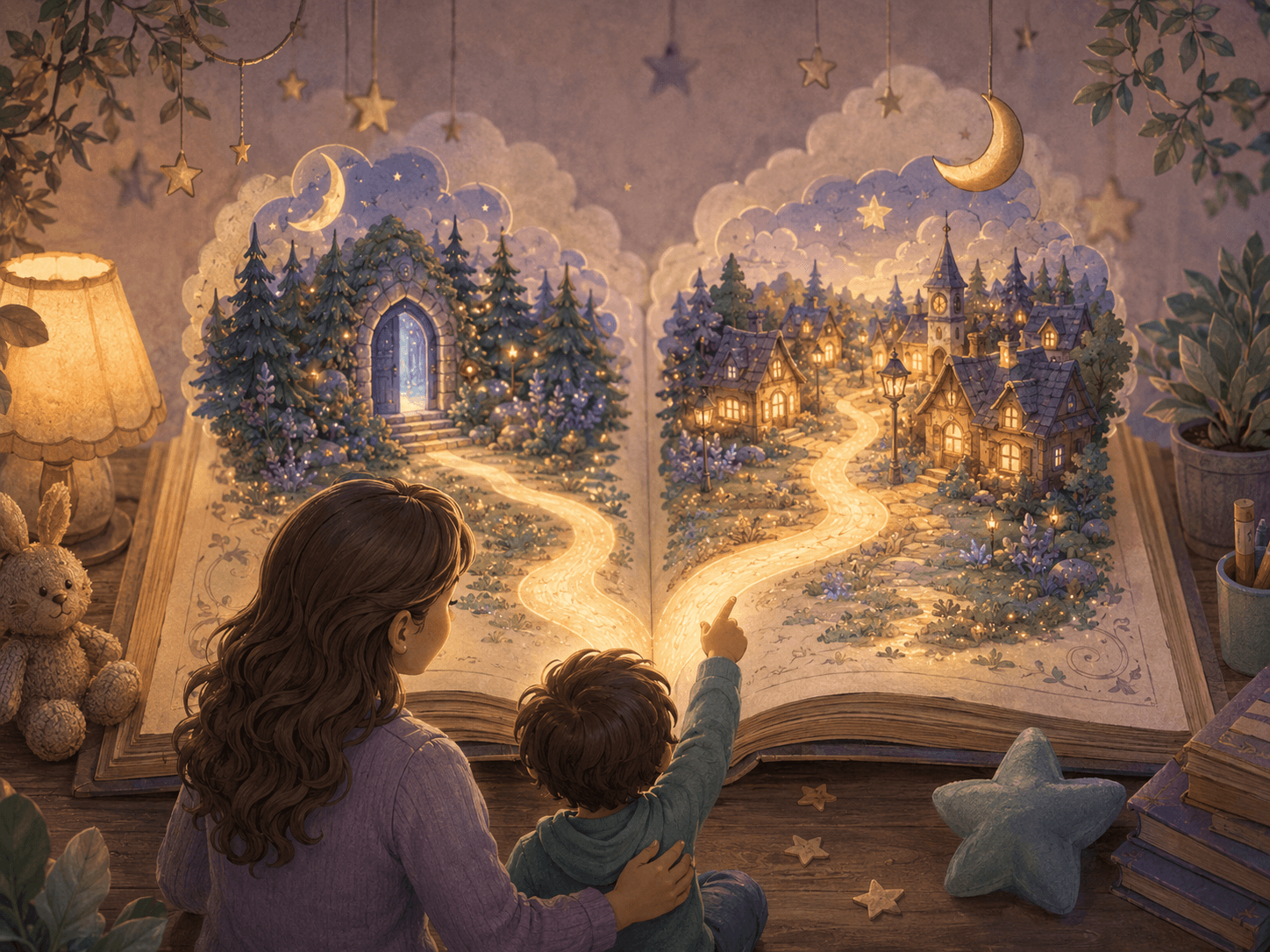 An open storybook with two glowing paths for choosing the next story scene