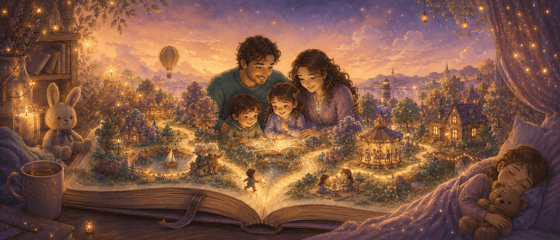 Warm illustrated banner of a personalized family picture book world