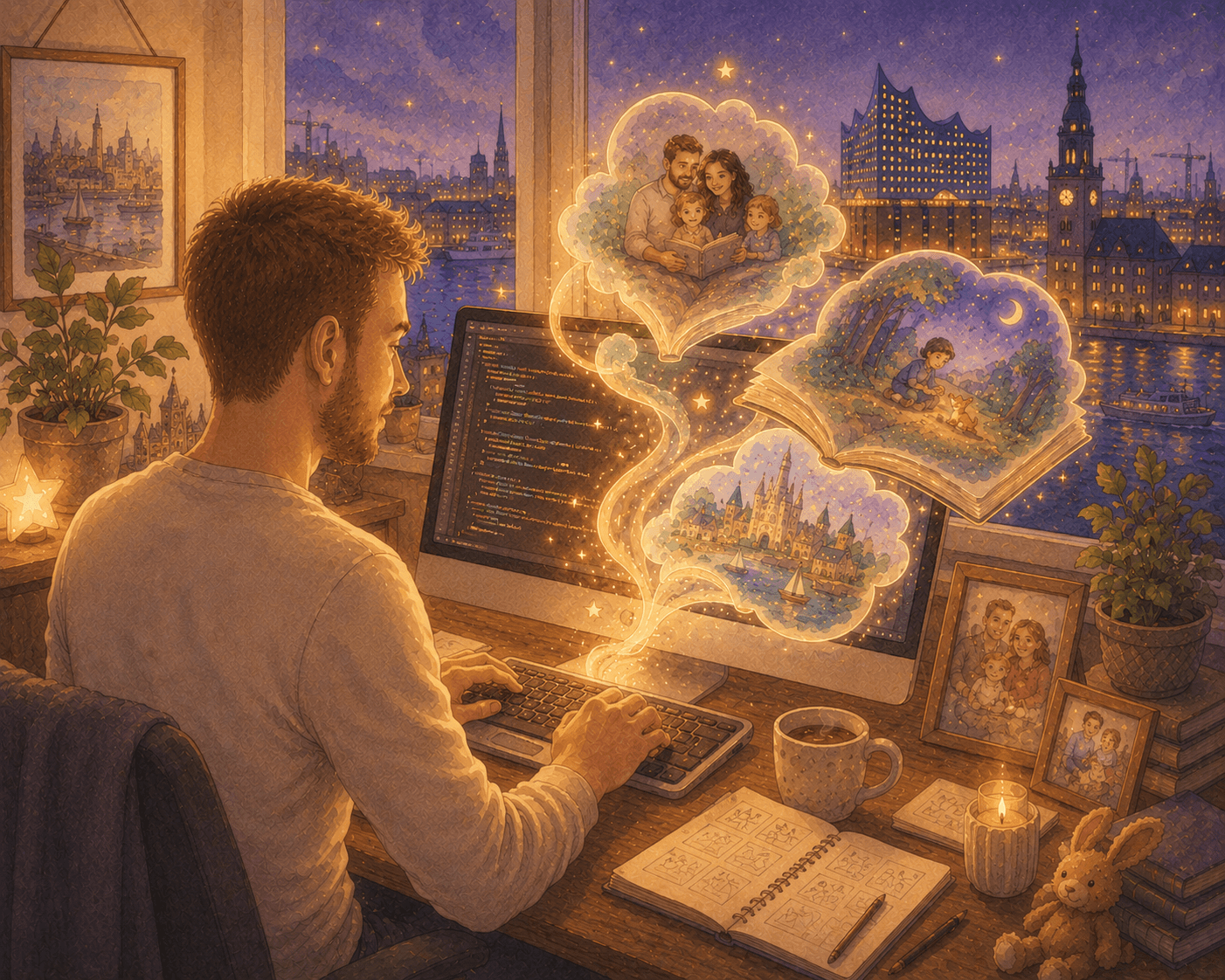 Illustrated Hamburg desk with an open storybook and family portraits